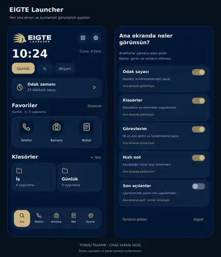EIGTE Launcher ana ekranı ve görünürlük ayarlarının temsili tasarımı